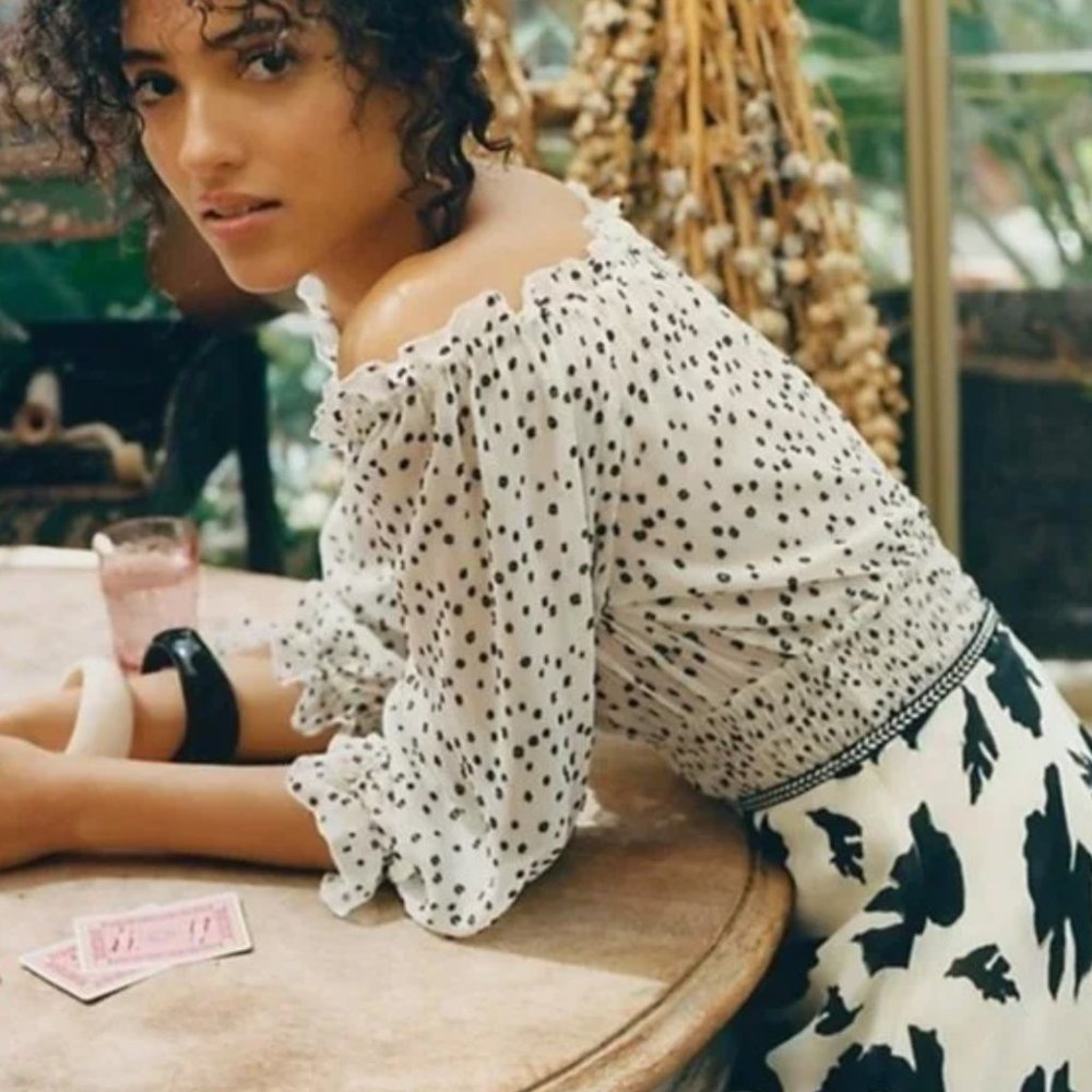 28) ANTHROPOLOGIE ivory Lucia Off-The-Shoulder Polka Dot Smocked Blouse sz S